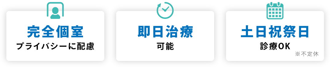 「完全個室：プライバシーに配慮」「即日治療：可能」「土日祝祭日：診療OK ※不定休」